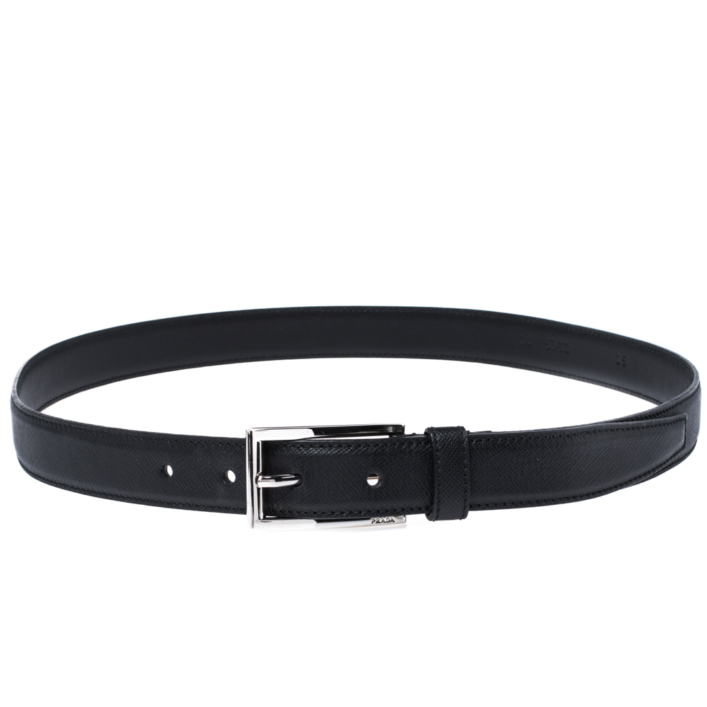 Prada Black Saffiano Leather Buckle Belt 90CM