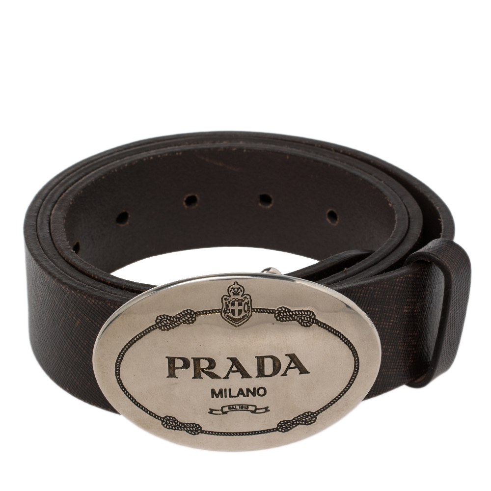 

Prada Brown Leather Engraved Oval Plaque Buckle Belt