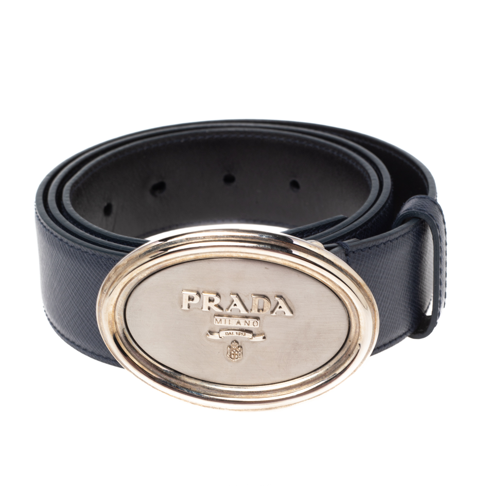 

Prada Navy Blue Saffiano Leather Oval Plaque Buckle Belt