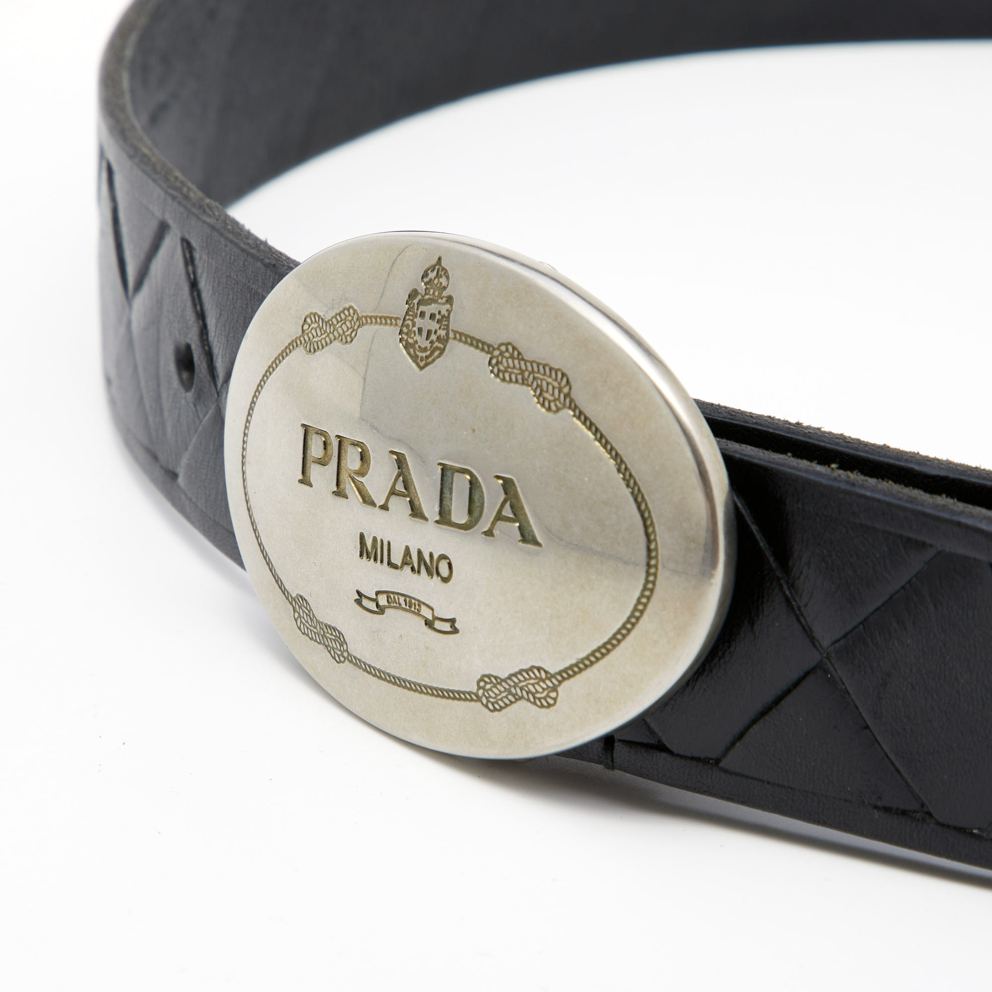 

Prada Black Woven Pattern Embossed Leather Vintage Logo Plaque Belt