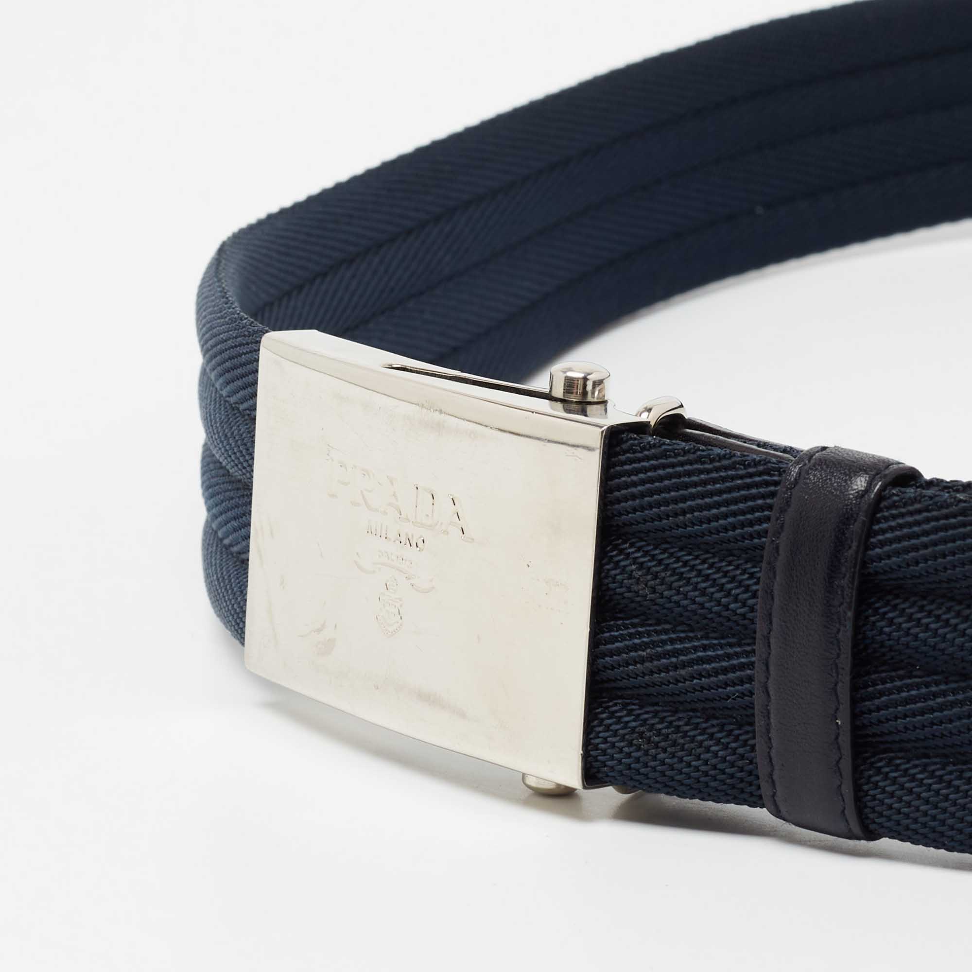 

Prada Navy Blue Canvas and Leather Logo Plague Buckle Belt