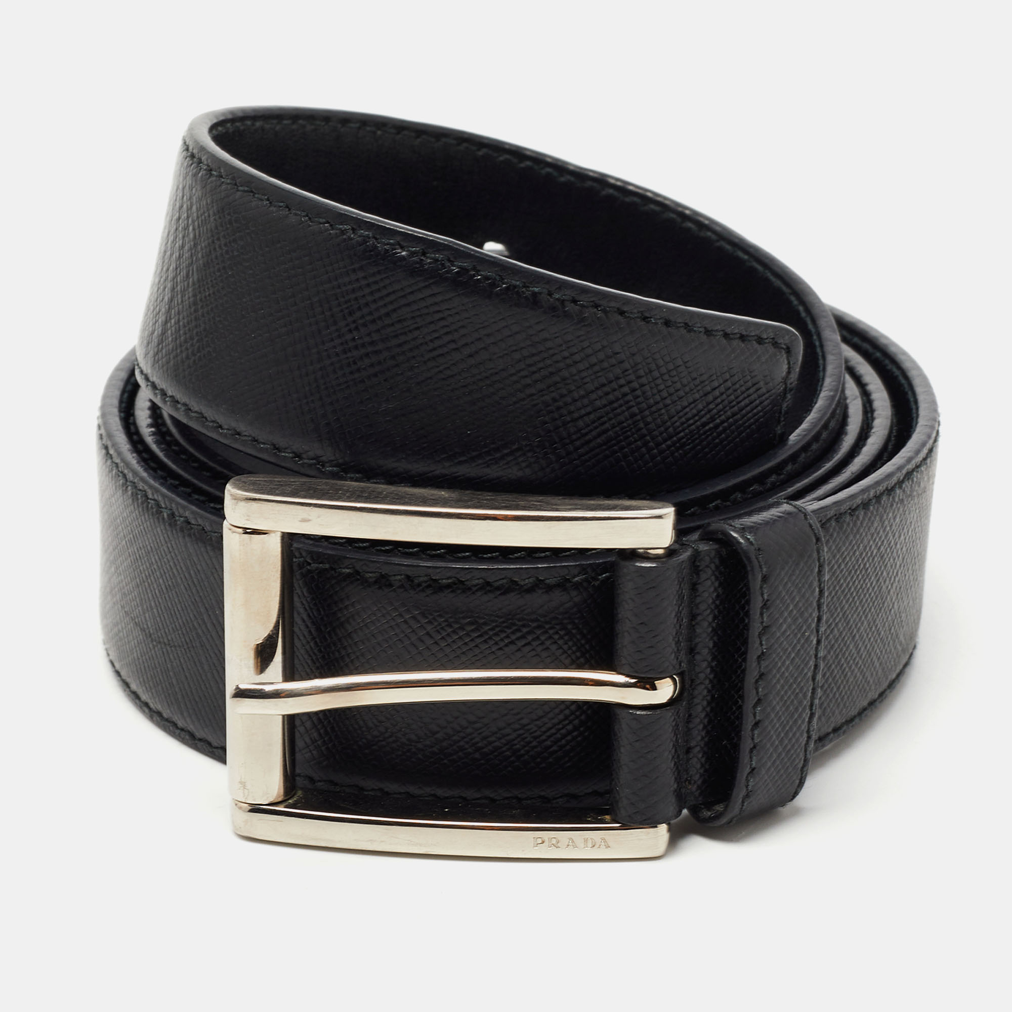 Pre-owned Prada Black Saffiano Leather Buckle Belt 105cm