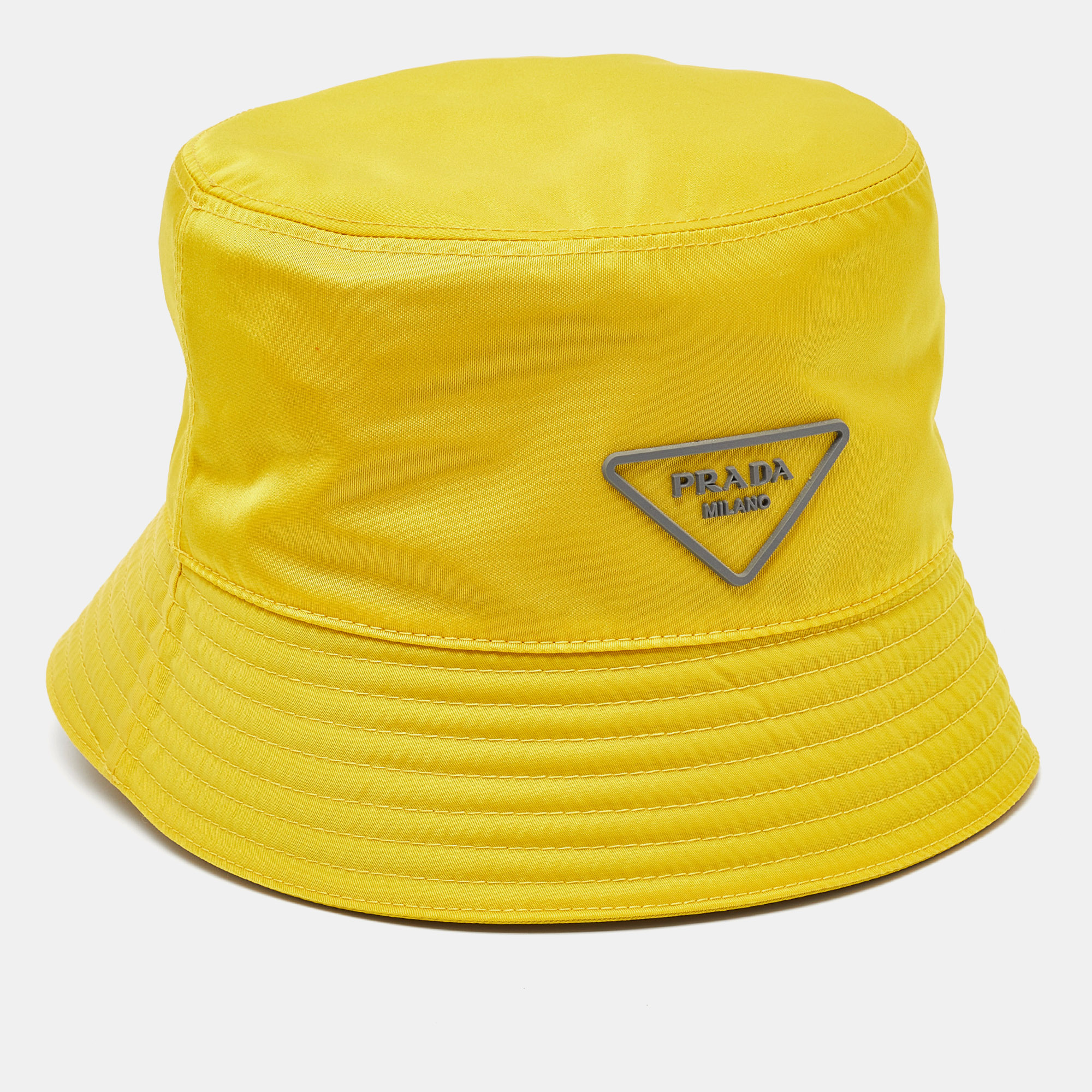 Pre-owned Prada Yellow Nylon Logo Plaque Detail Bucket Hat Xl