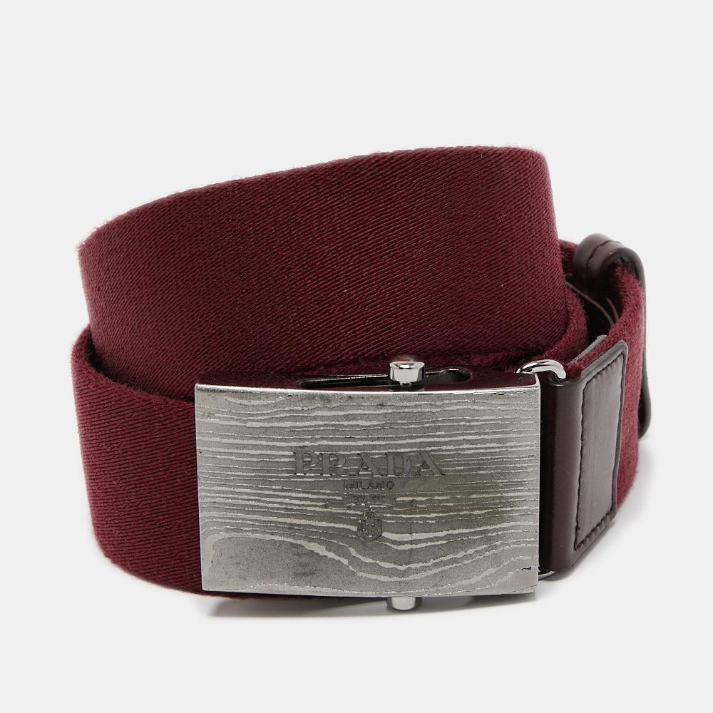 Pre-owned Prada Burgundy Leather And Canvas Logo Plate Buckle Belt 90cm