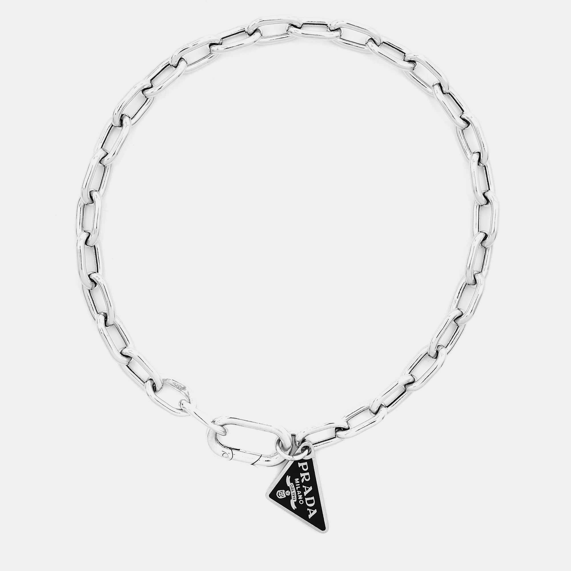 Pre-owned Prada Enamel Triangle Charm Chain Link Silver Bracelet