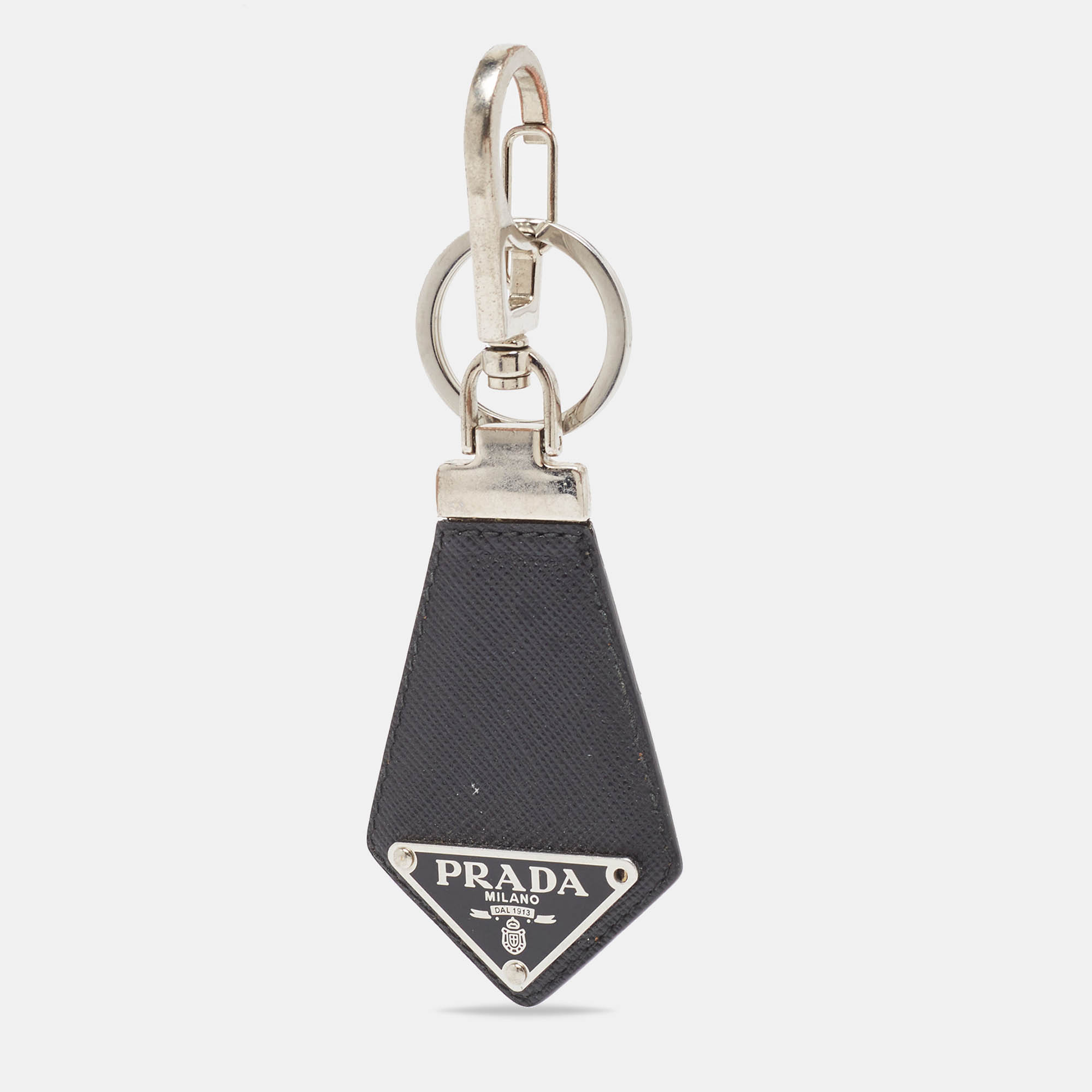 Pre-owned Prada Black Leather Triangle Logo Key Chain