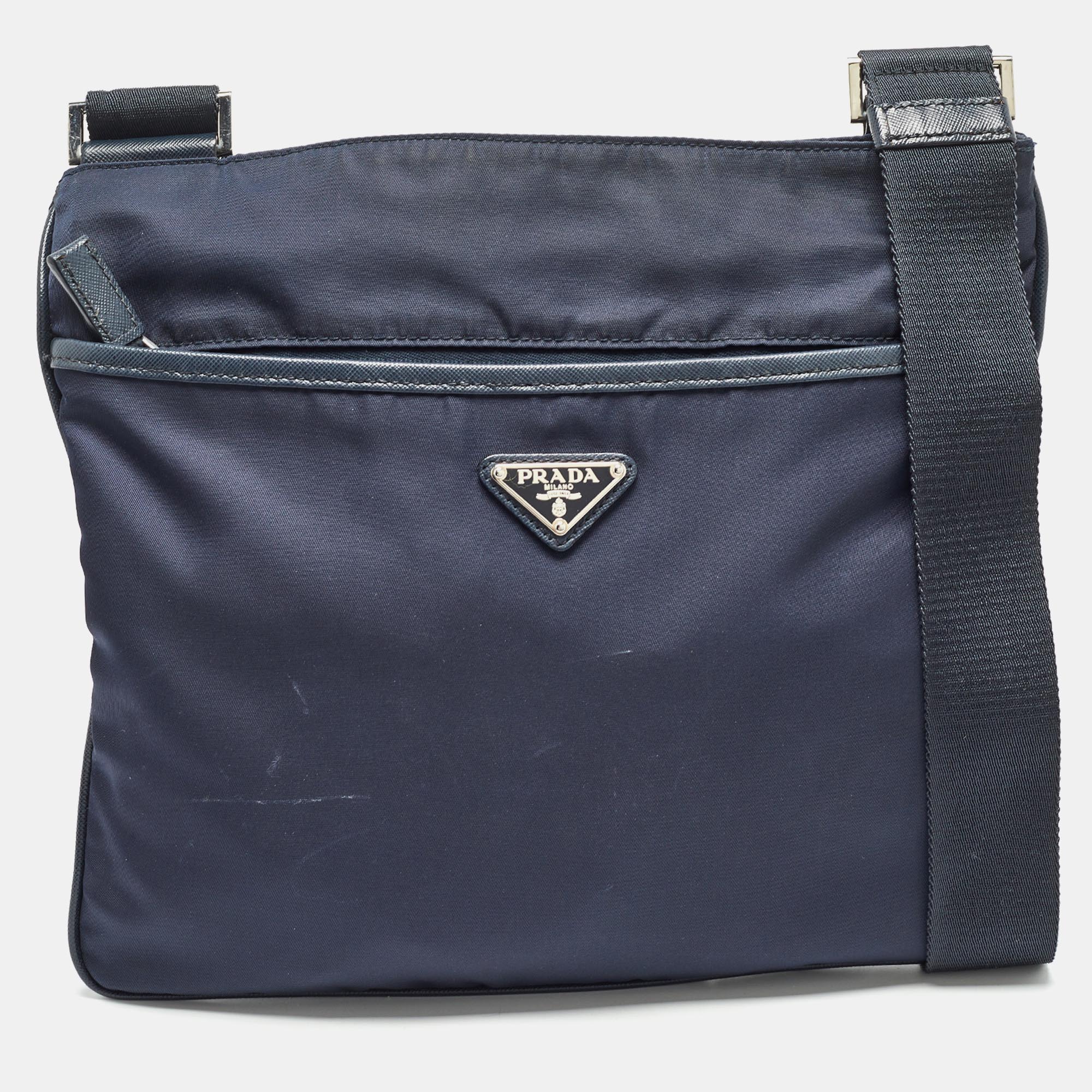 Prada Dark Blue Nylon and Leather Zip Messenger Bag