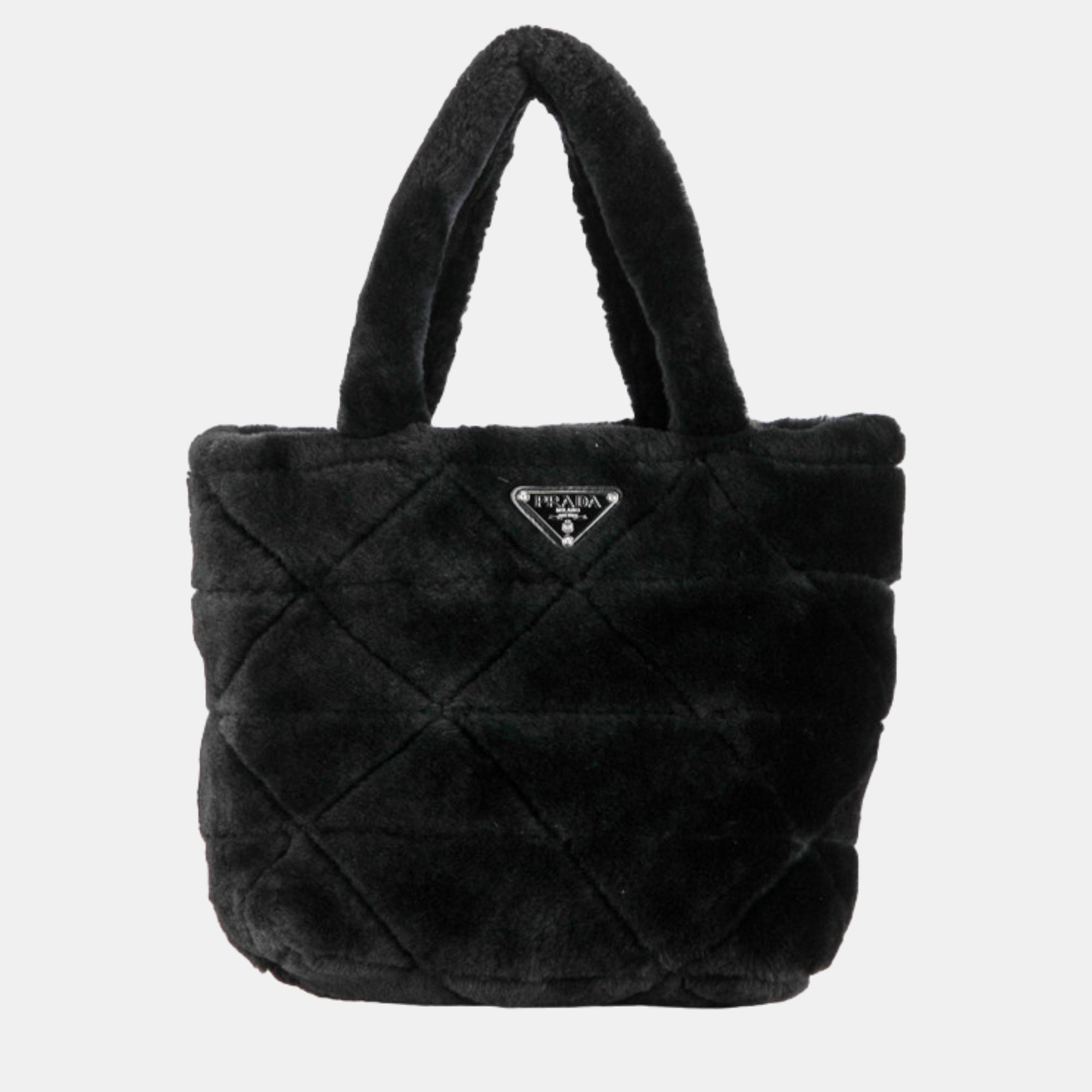 Pre-owned Prada Black Shearling Logo Tote Bag
