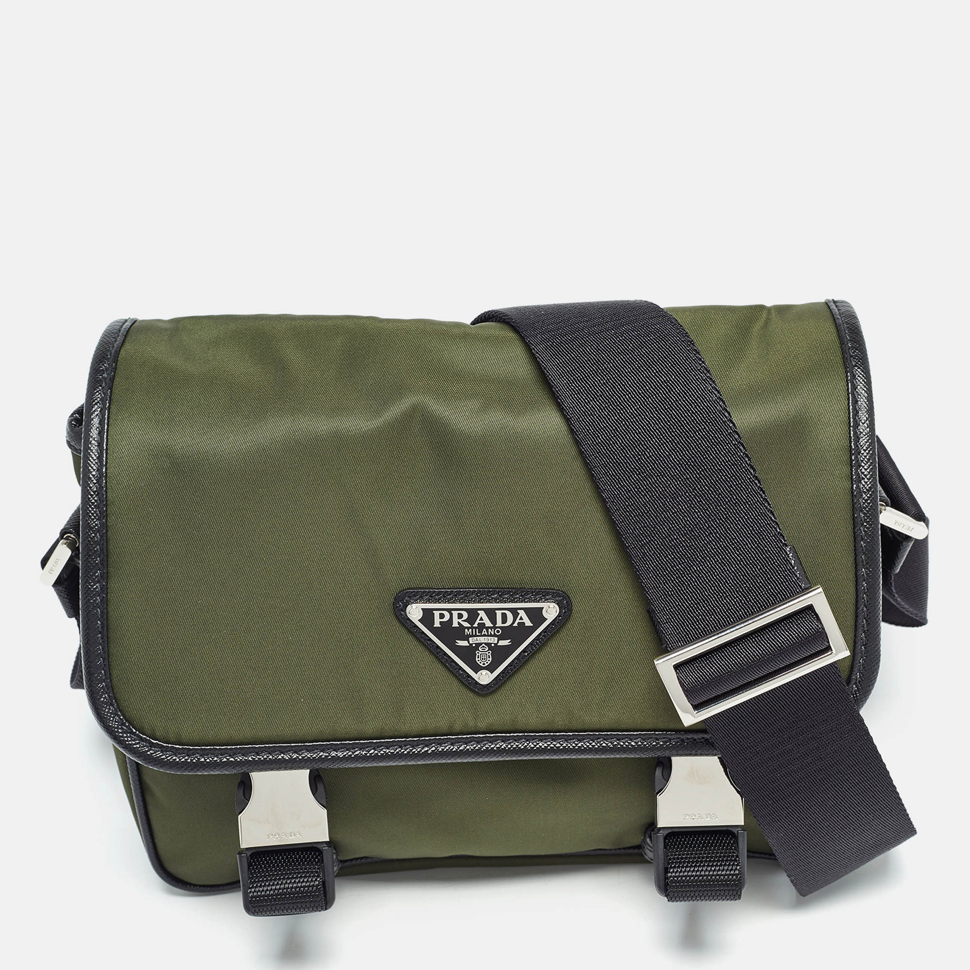 

Prada Green/Black Nylon and Leather Buckle Flap Messenger Bag