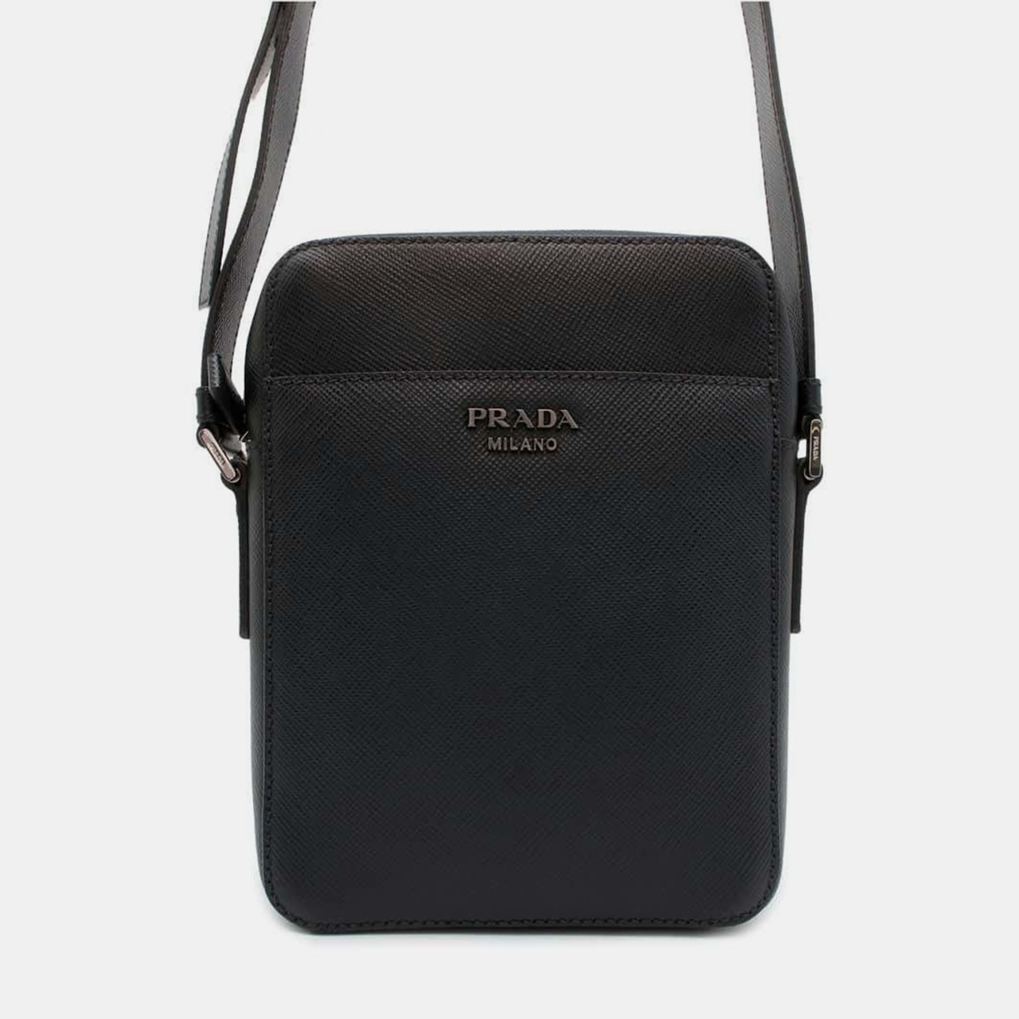 

Prada Black Leather Saffiano Leather Shoulder Bag with Logo