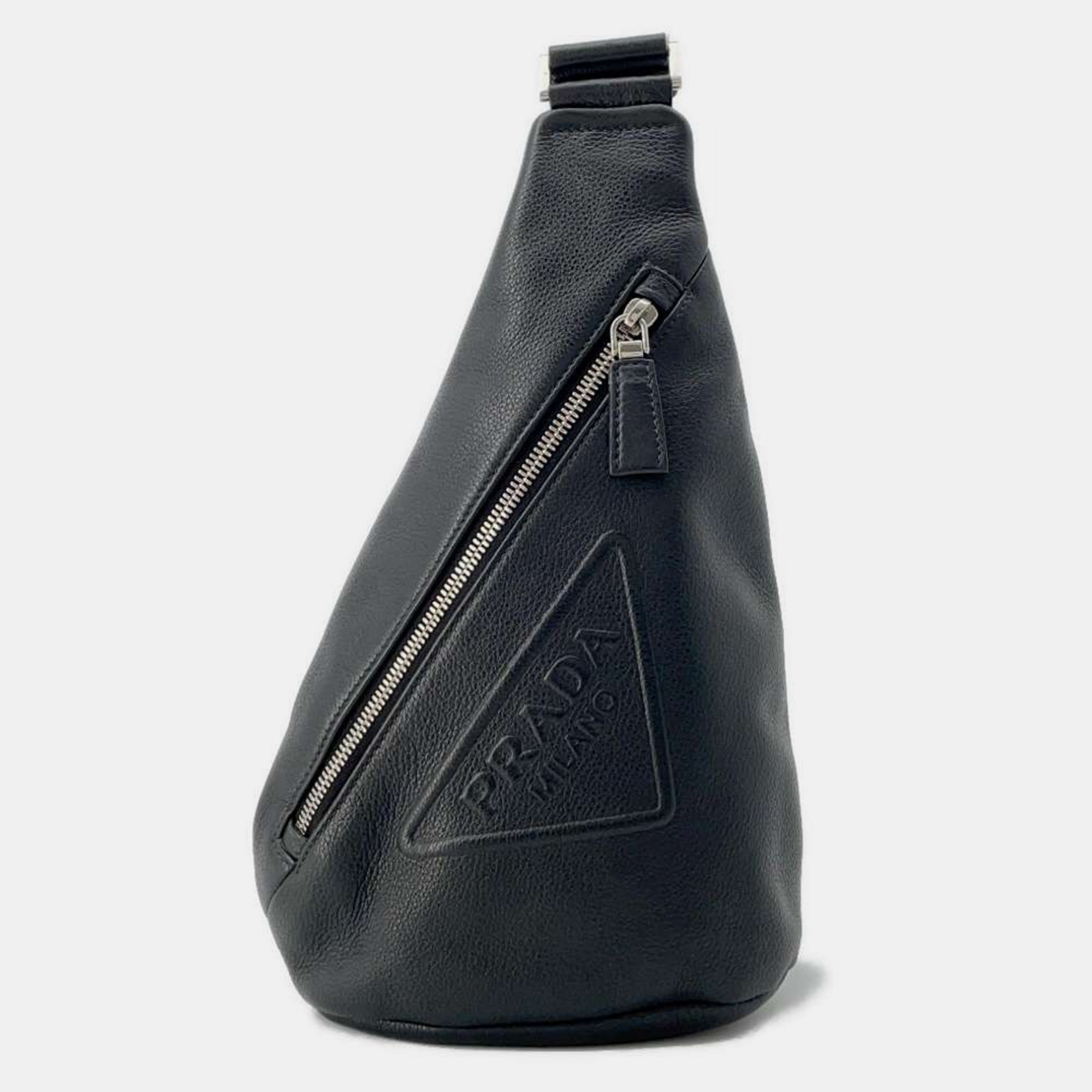 

Prada Black Vittero Dino Leather Triangle Logo Cloth Crossbody Bag