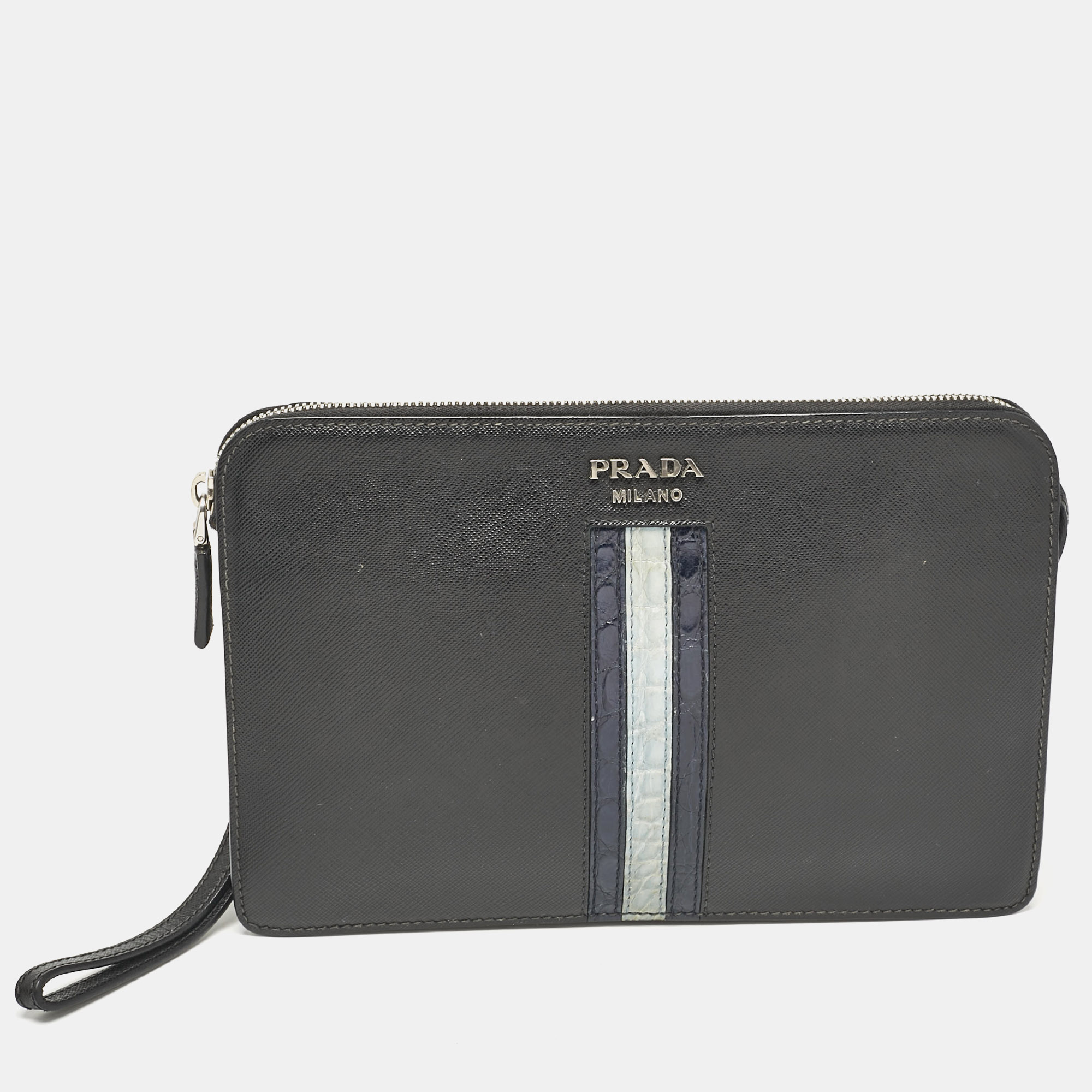 

Prada Black Saffiano Leather and Alligator Zip Pouch