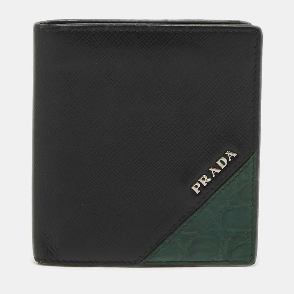 

Prada Black/Green Leather and Croc Logo Bifold Wallet