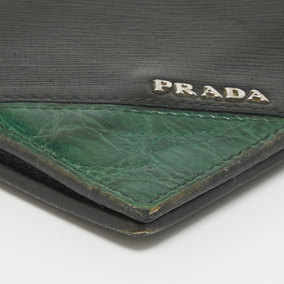 Prada Black/Green Leather and Croc Logo Bifold Wallet 