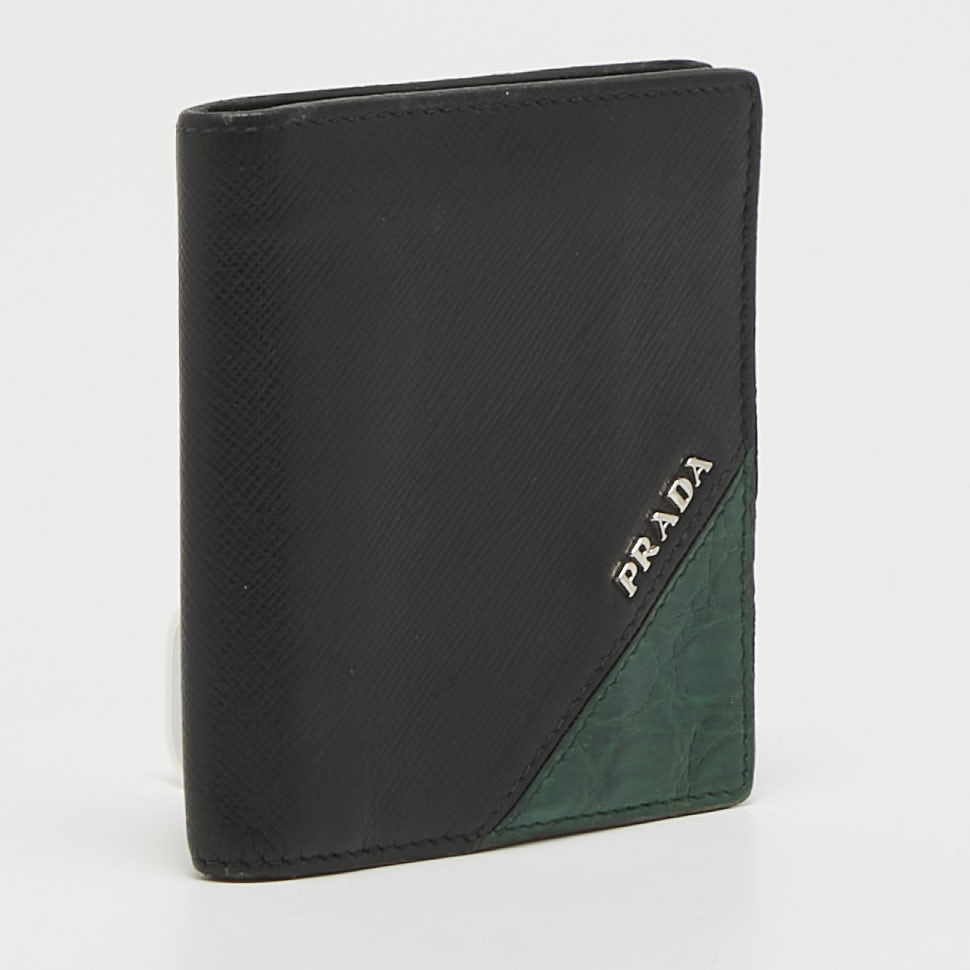 Prada Black/Green Leather and Croc Logo Bifold Wallet 