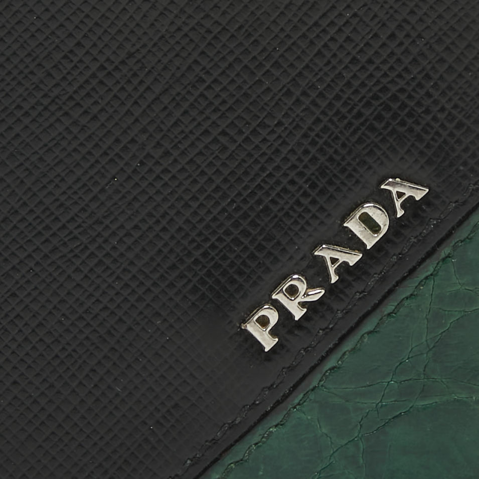 Prada Black/Green Leather and Croc Logo Bifold Wallet 