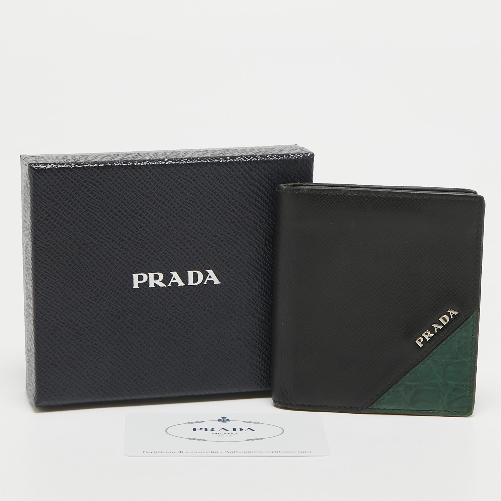 Prada Black/Green Leather and Croc Logo Bifold Wallet 
