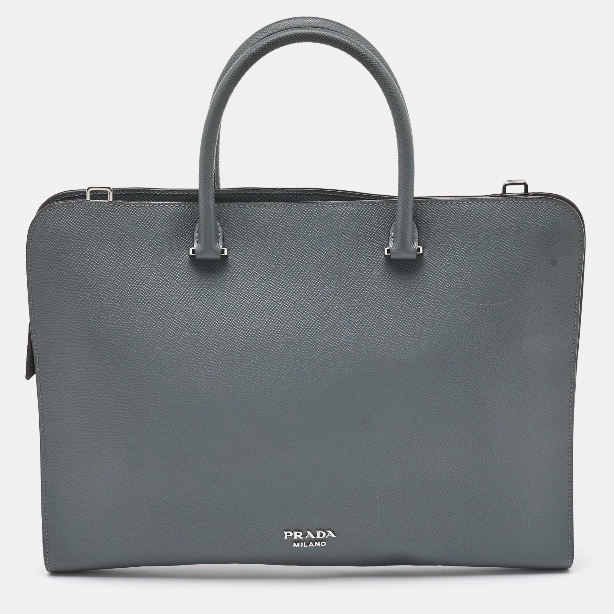 

Prada Grey Saffiano Leather Slim Briefcase