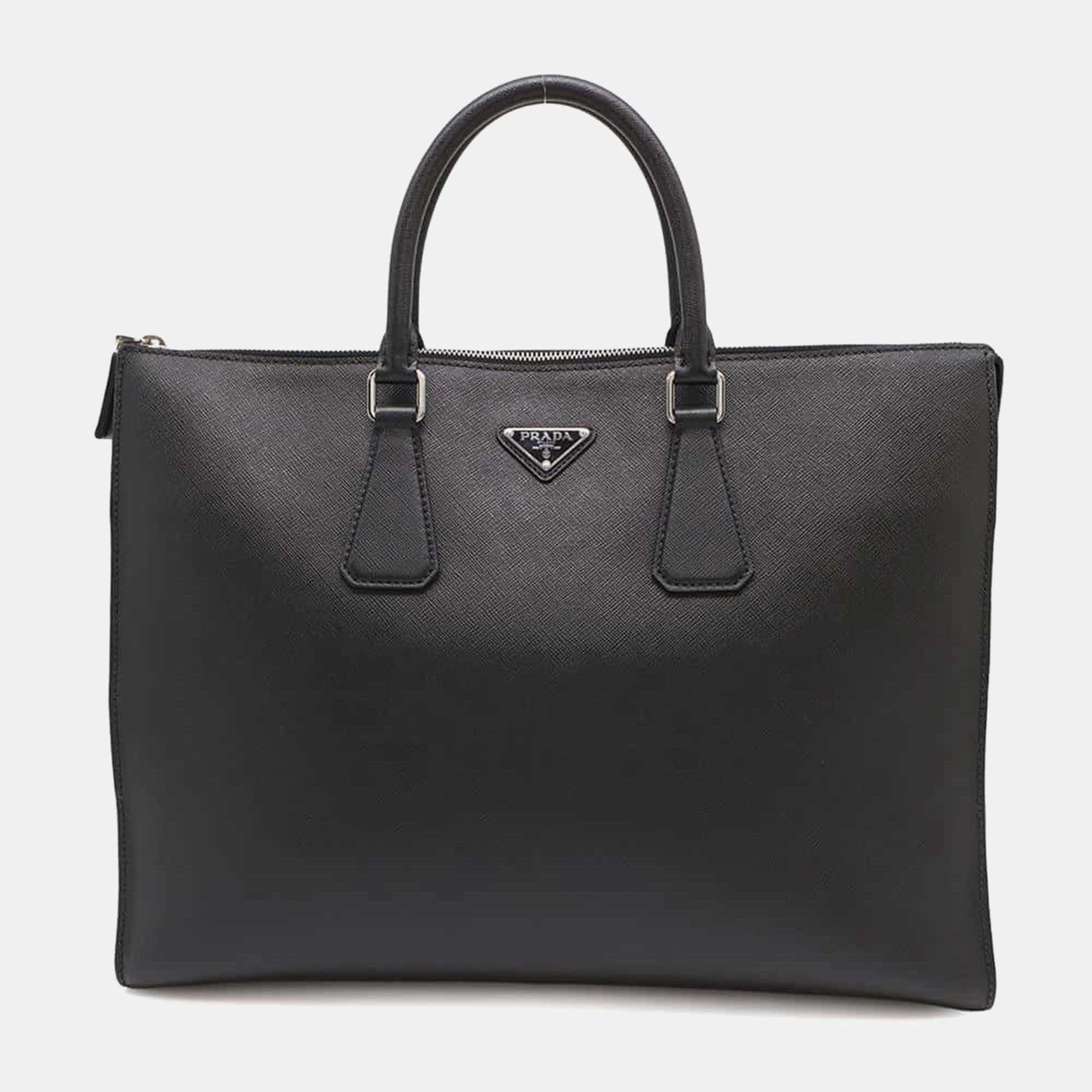 

Prada Black Saffiano Leather Triangle Logo Tote Bag
