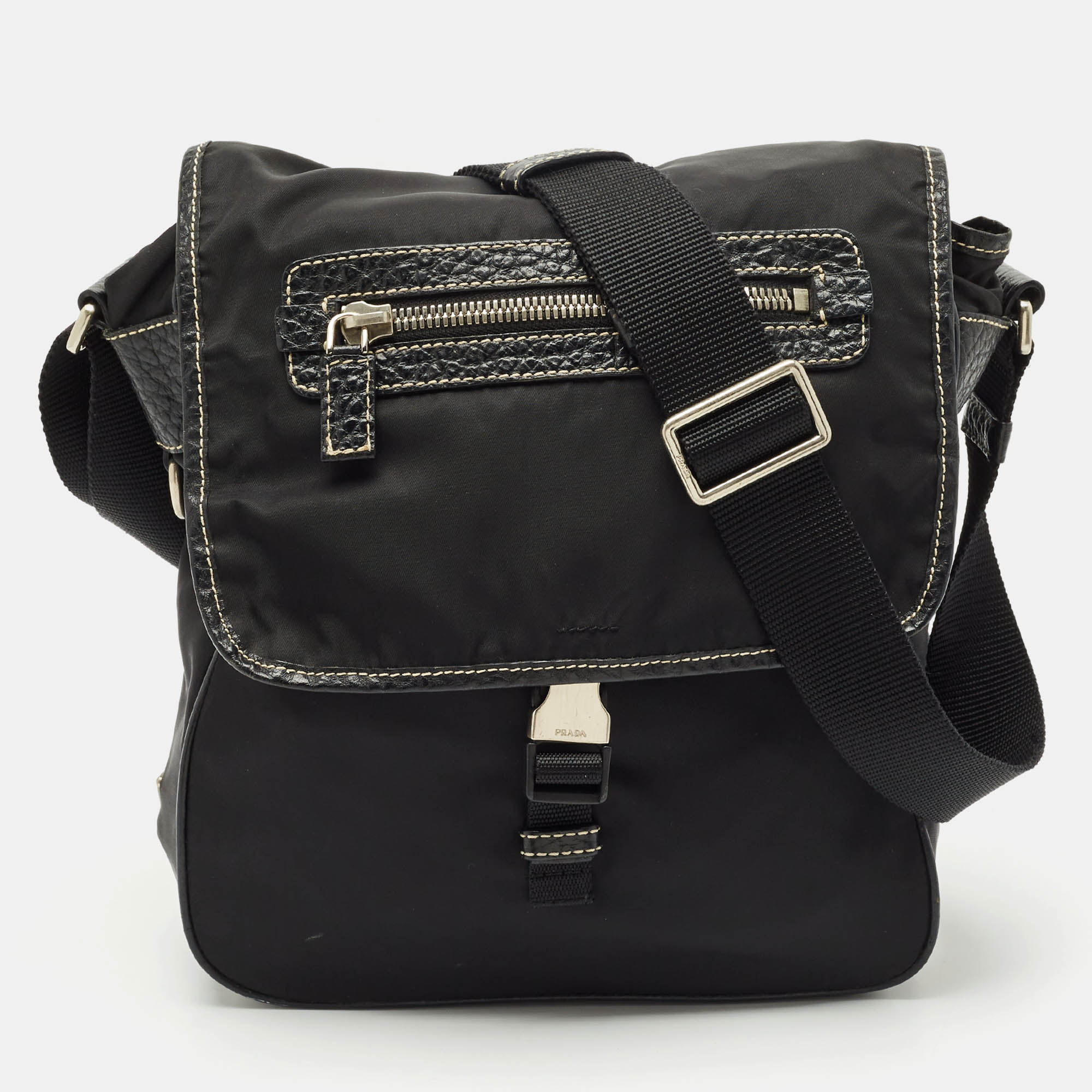 Pre-owned Prada Black Leather And Nylon Pocket Flap Messenger Bag