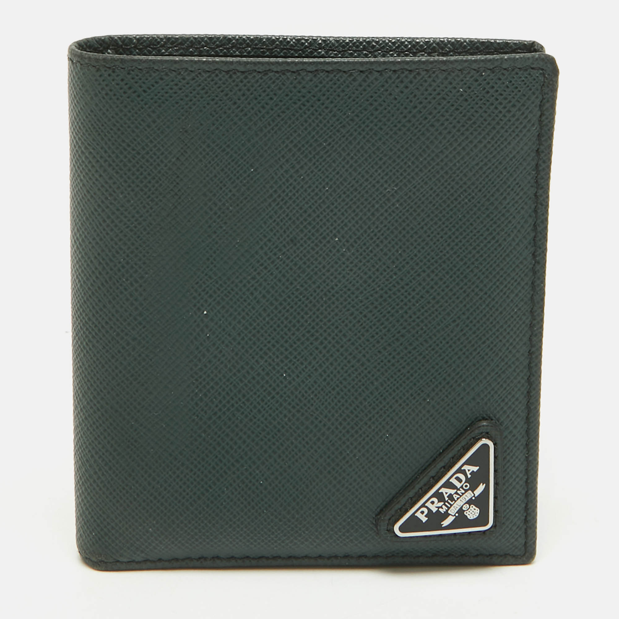 

Prada Dark Green Saffiano Metal Leather Logo Bifold Wallet