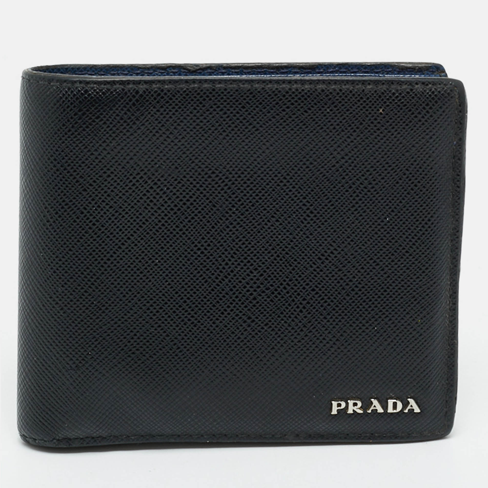 

Prada Black Saffiano Metal Leather Logo Bifold Wallet