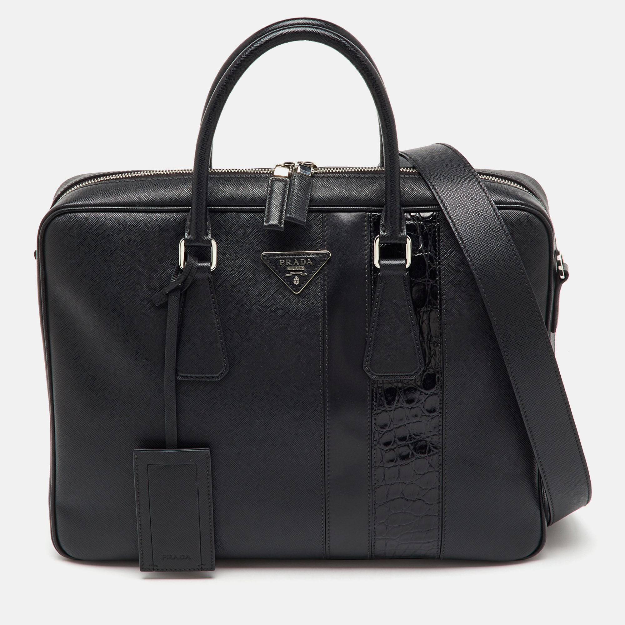 

Prada Black Saffiano Leather and Croc Embossed Leather Travel Briefcase Bag