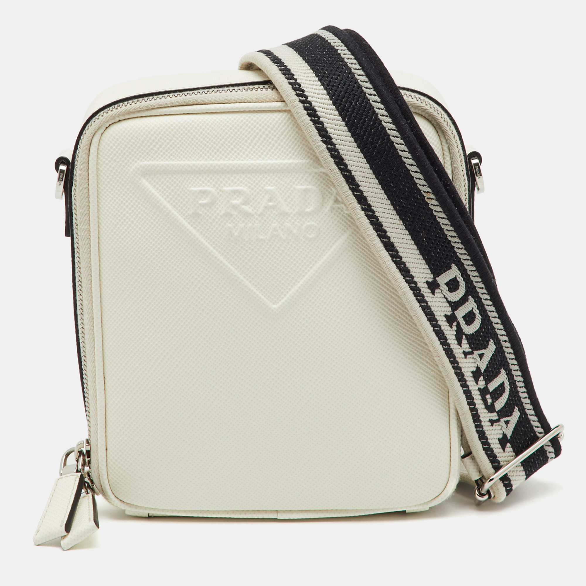 

Prada White Leather Logo Embossed Vertical Shape Shoulder Bag