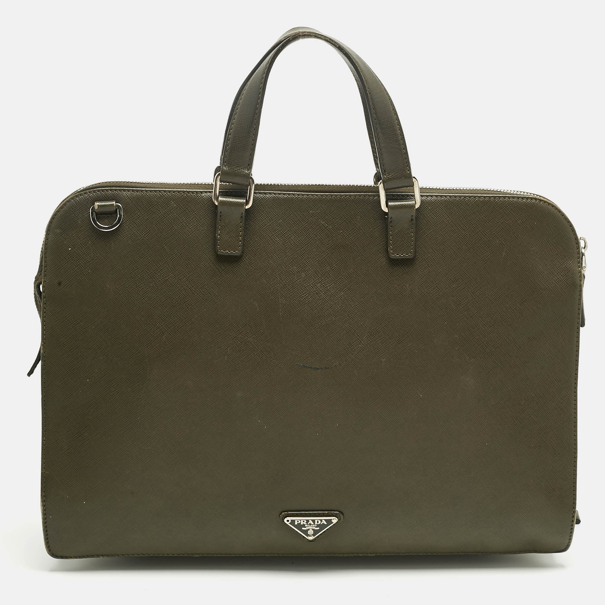 

Prada Olive Green Saffiano Lux Leather Briefcase Bag