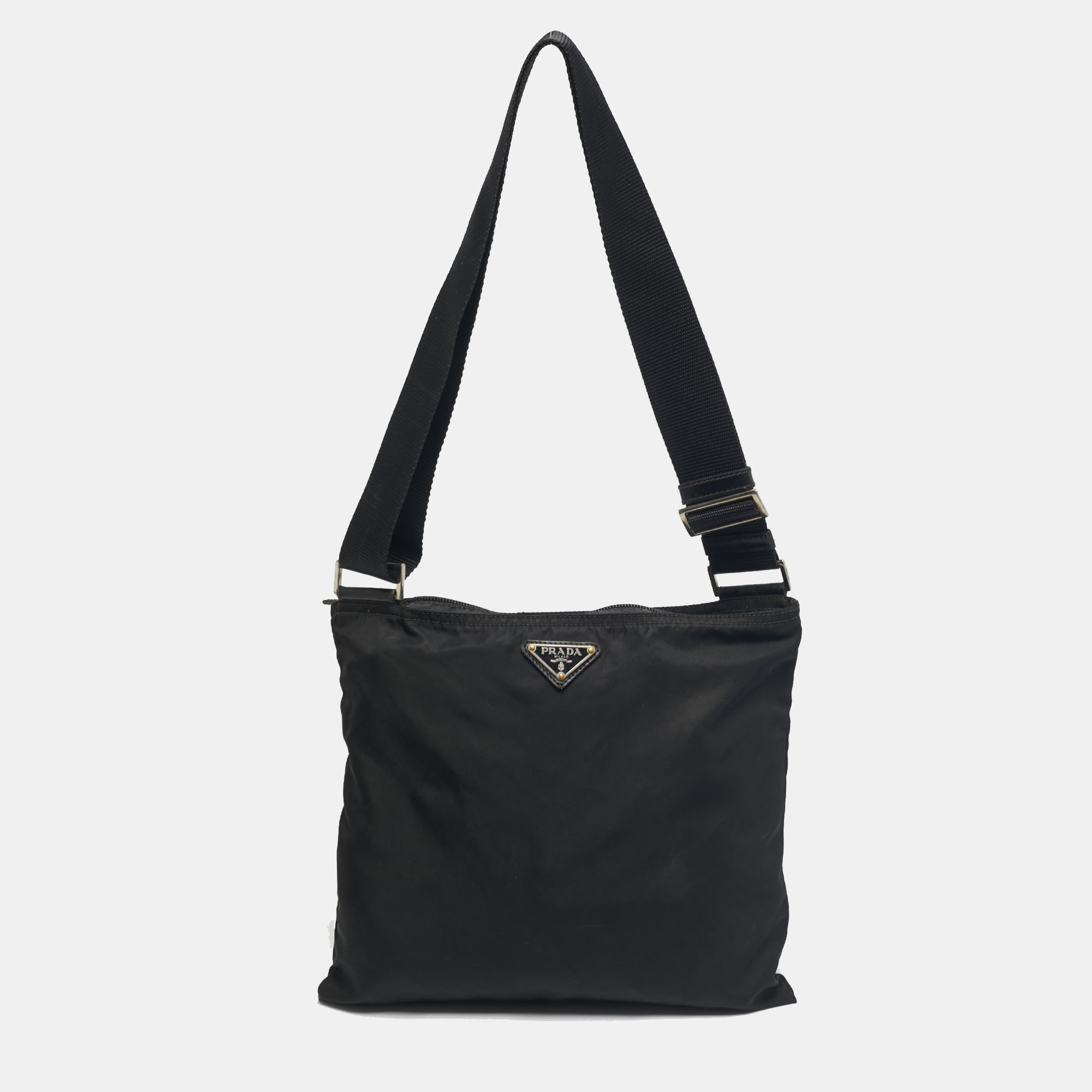 

Prada Black Nylon Logo Zip Flat Messenger Bag