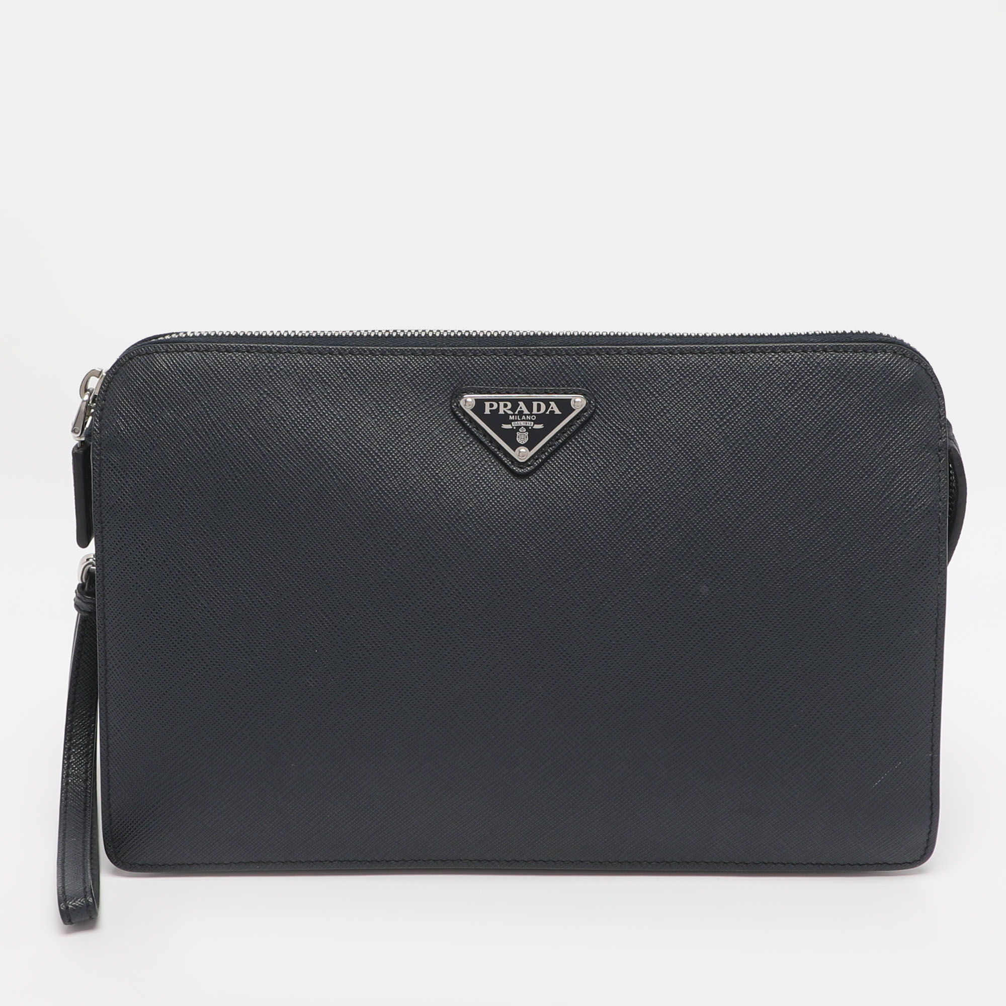 

Prada Navy Blue Saffiano Leather Wristlet Pouch