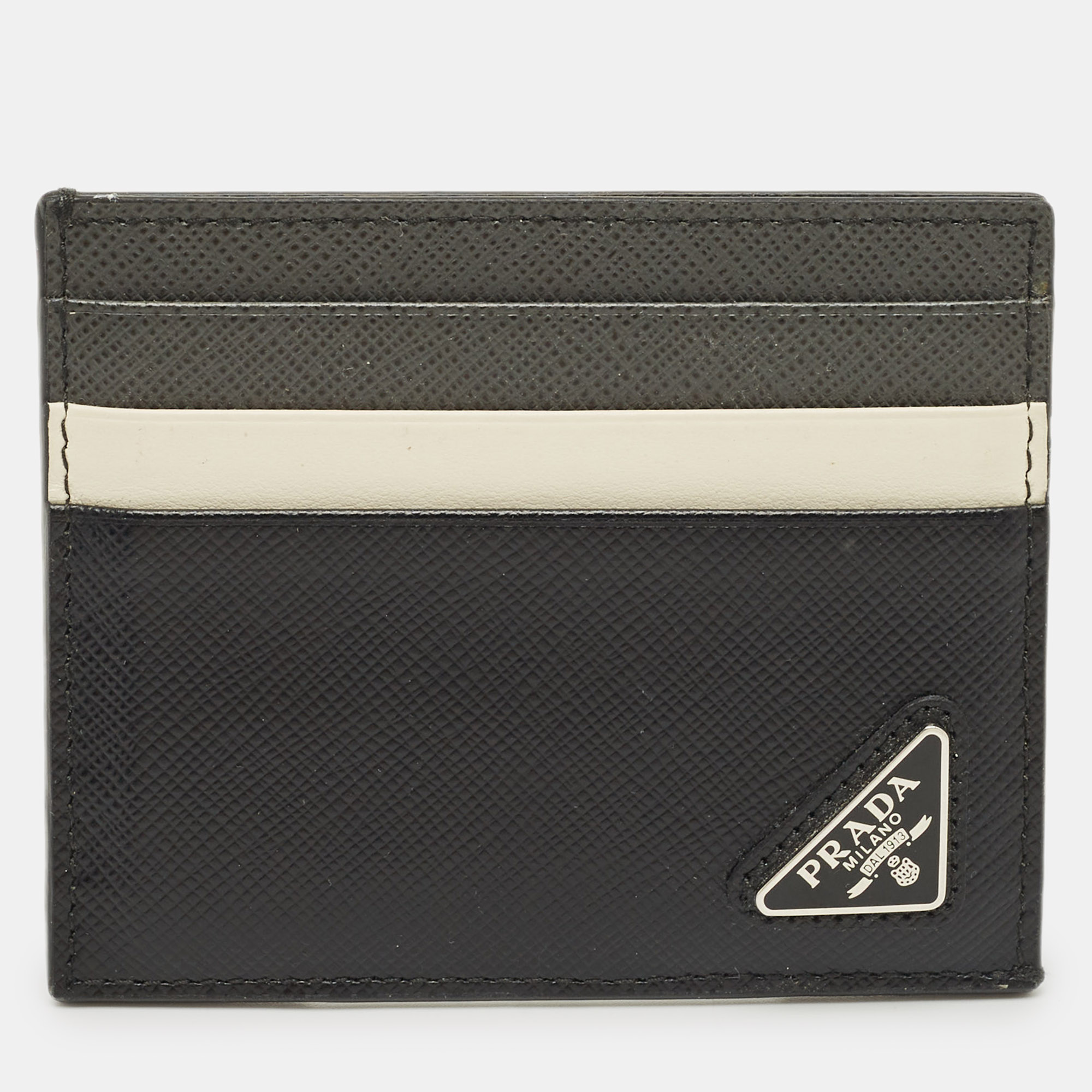 

Prada Black/White Saffiano Metal Leather Logo Card Holder
