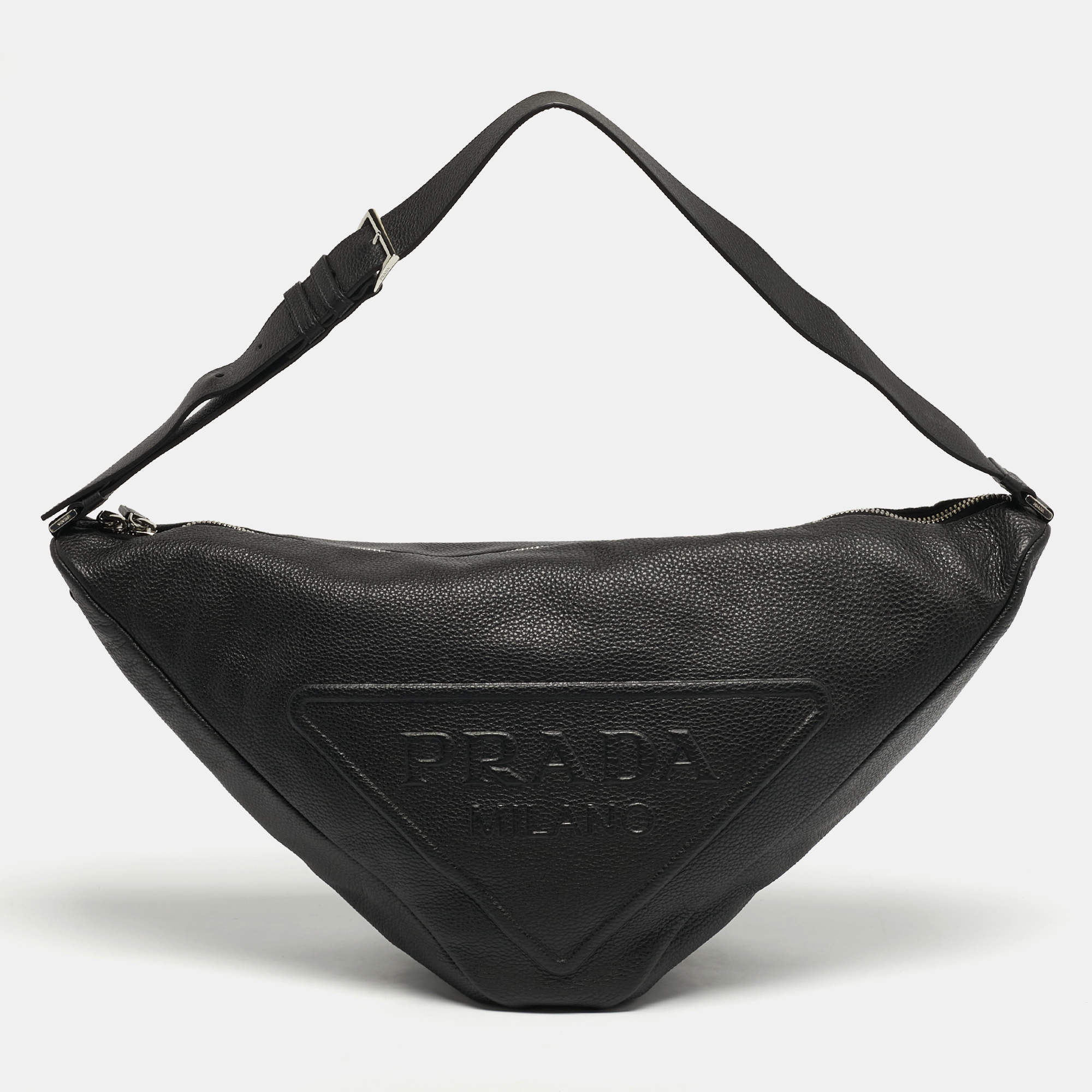 

Prada Triangle Logo Embossed Black Vitello Dain Leather Bag