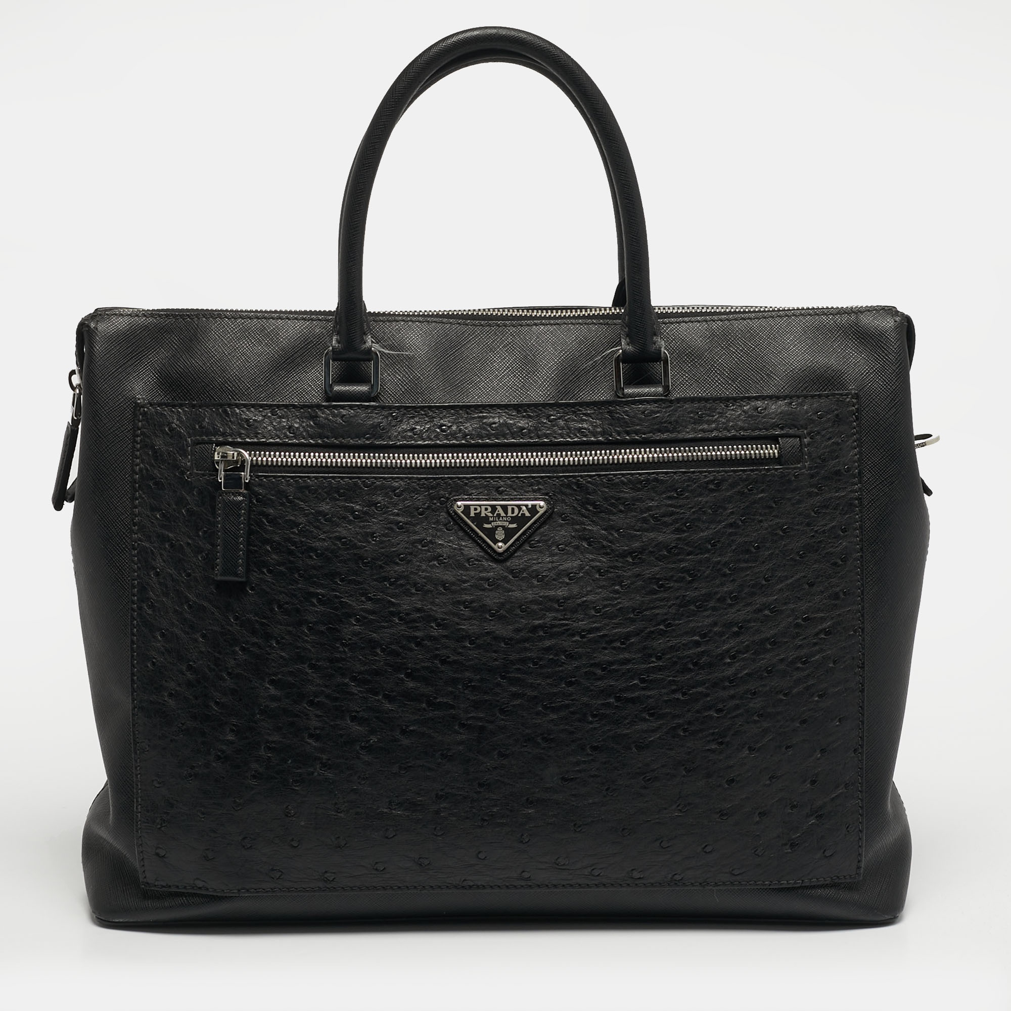 

Prada Black Ostrich Leather and Saffiano Leather Briefcase