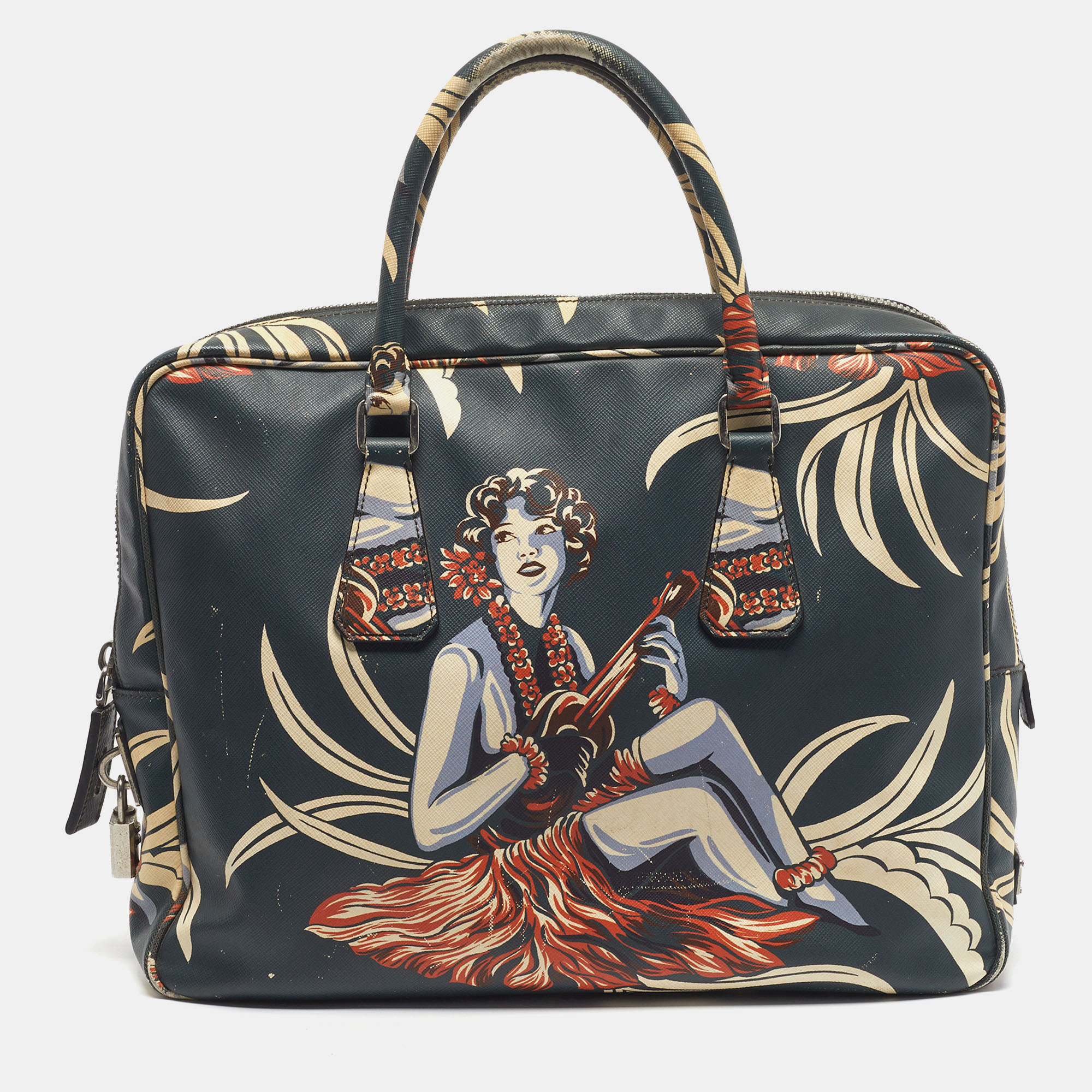 

Prada Green Hawaiin Print Saffiano Leather Briefcase