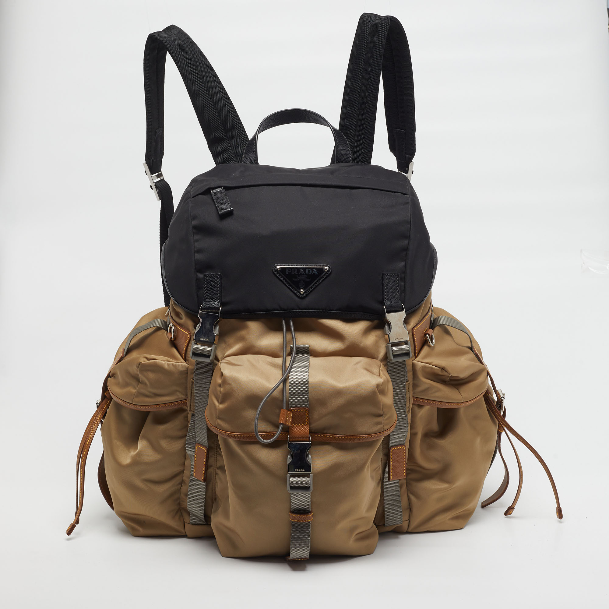

Prada Multipocket Buckle Beige/Black Nylon Backpack