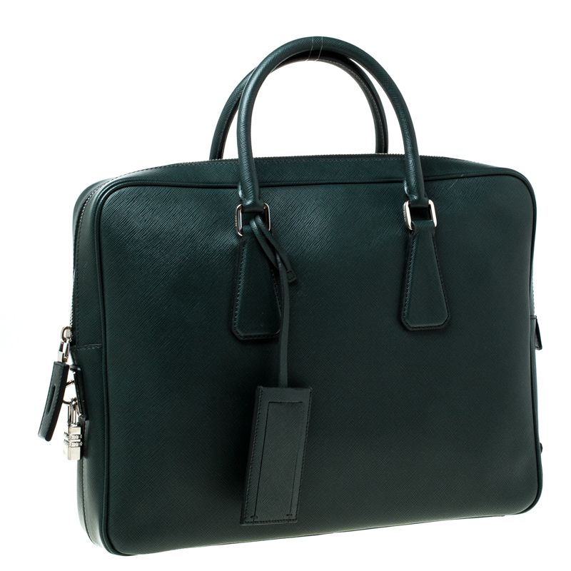 Prada Dark Green Leather Classic Laptop Bag