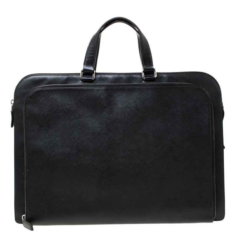 Pre Owned Prada Black Saffiano Leather Briefcase Laptop Bag