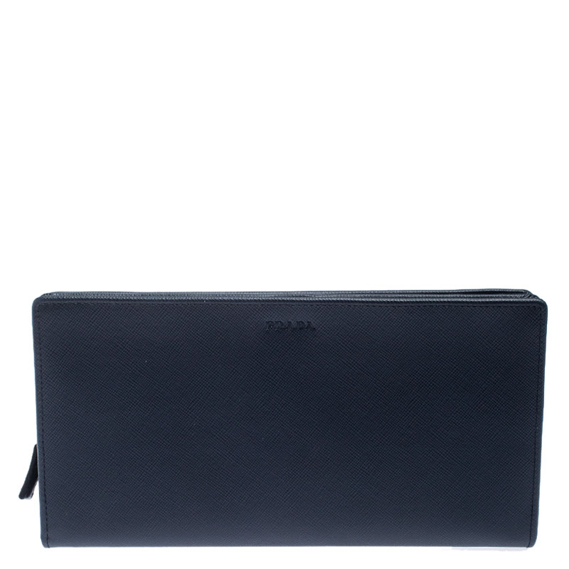 Pre Owned Prada Navy Blue Saffiano Leather Bifold Long Wallet