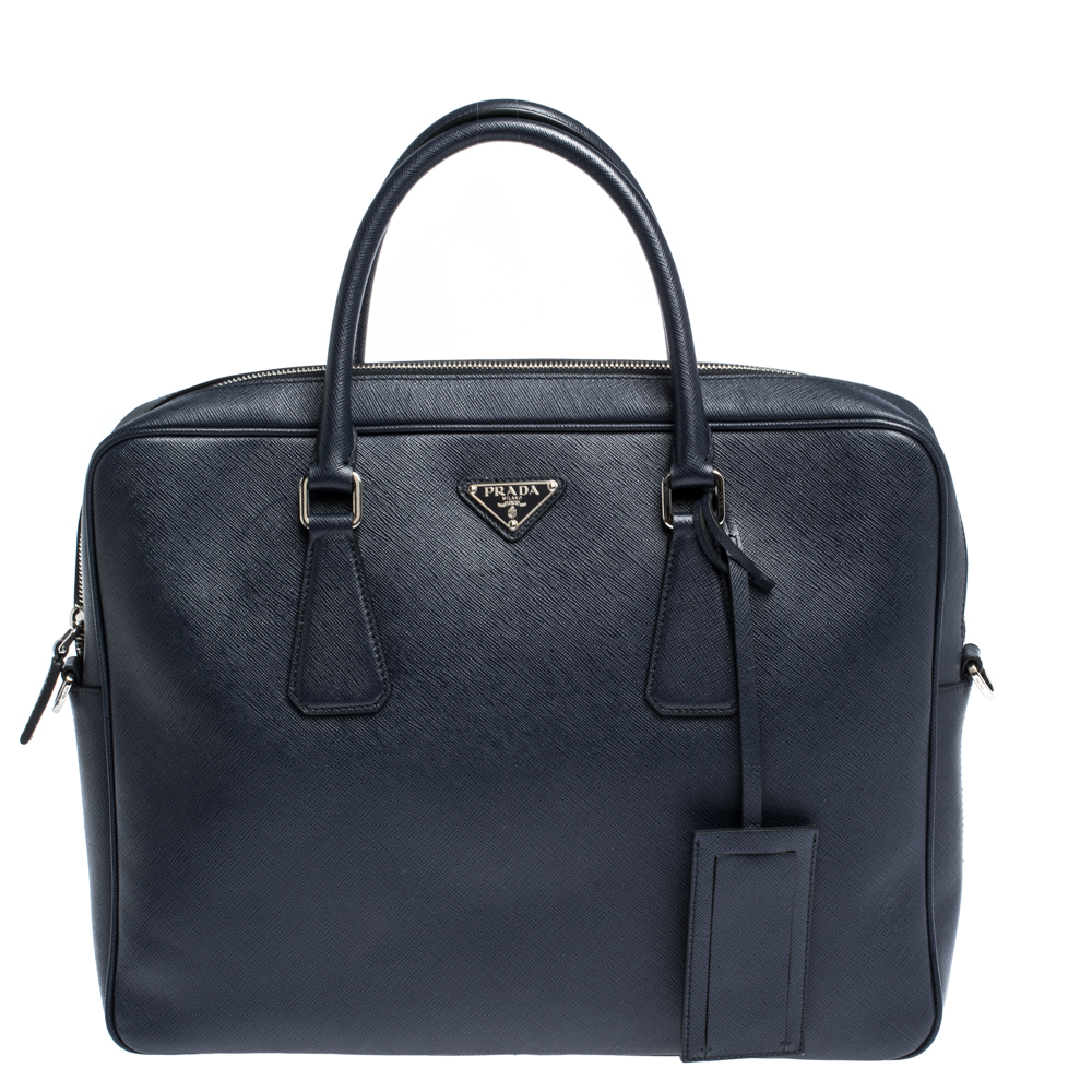 Prada Navy Blue Saffiano Lux Leather Briefcase