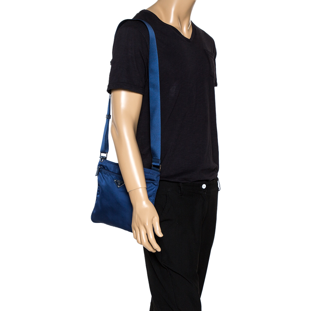 

Prada Royal Blue Nylon Logo Plague Messenger Bag