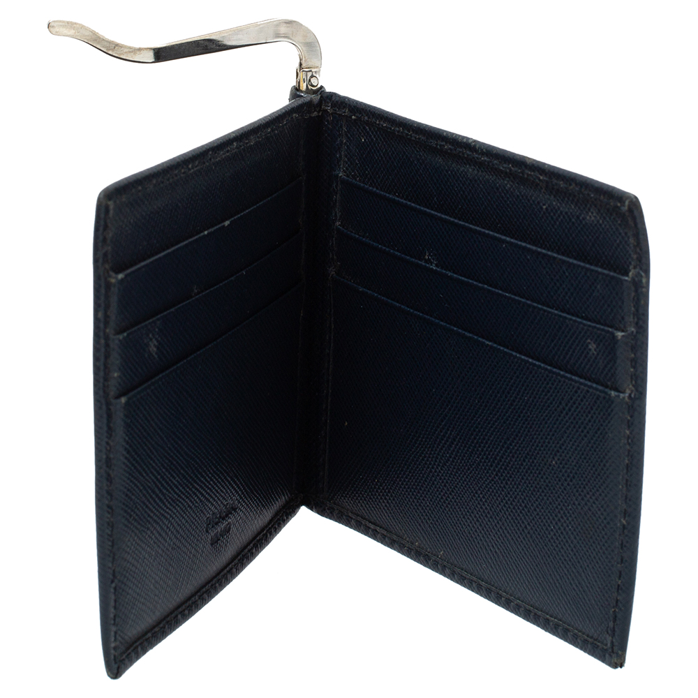 

Prada Navy Blue Saffiano Lux Leather Money Clip Bi-fold Wallet