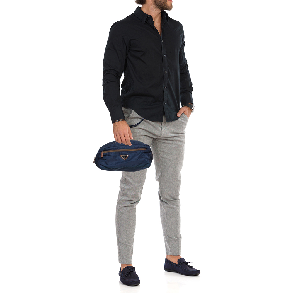 

Prada Navy Blue/Brown Tessuto Nylon Wash Bag