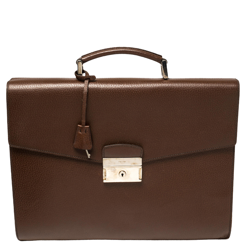 Pre-owned Prada Mocha Brown Leather Work Briefcase