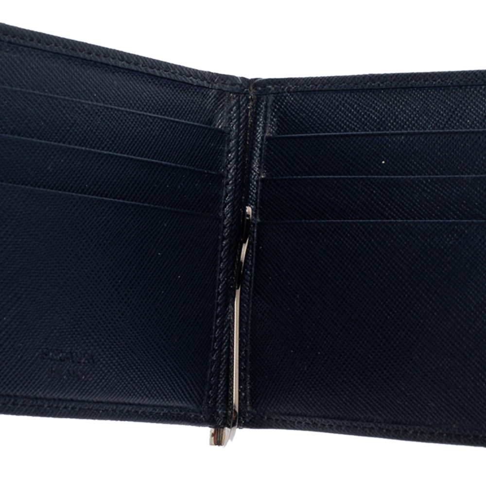 

Prada Navy Blue Saffiano Lux Leather Money Clip Bifold Wallet