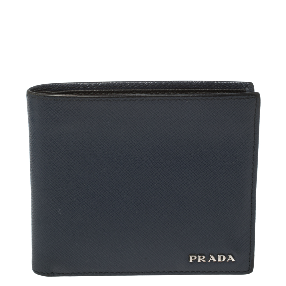 Pre-owned Prada Blue Saffiano Leather Bifold Wallet