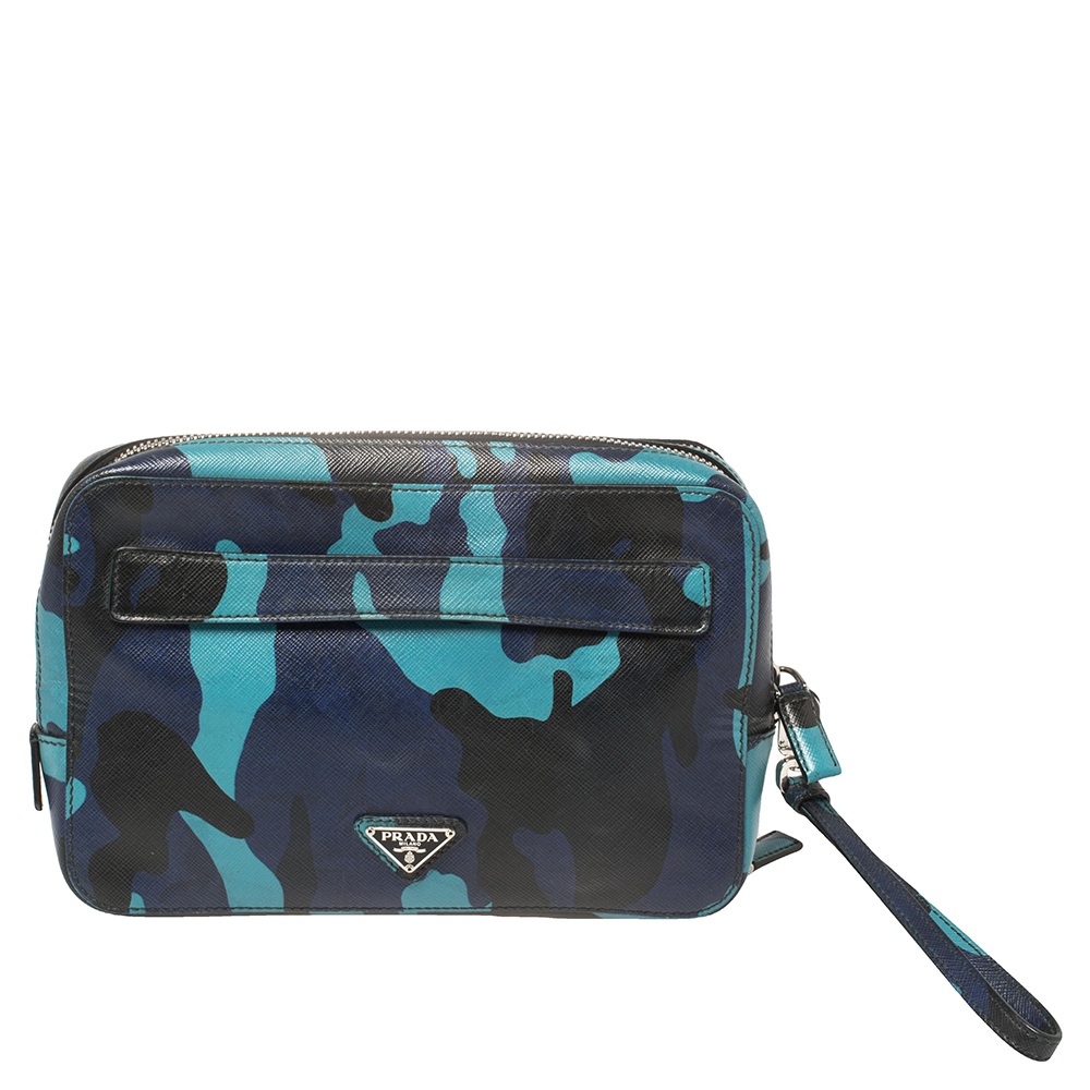 Pre-owned Prada Blue Camouflage Saffiano Lux Leather Travel Organizer