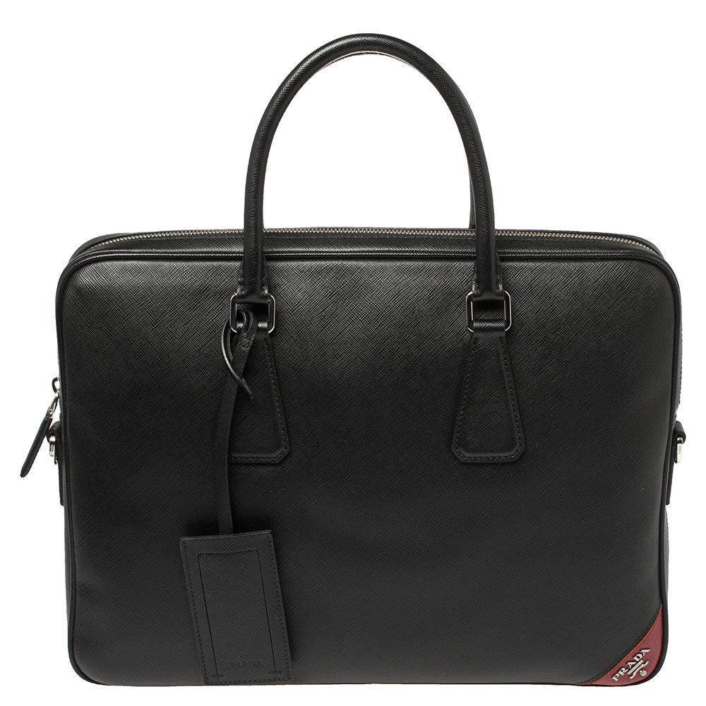 Pre-owned Prada Black Saffiano Leather Briefcase Laptop Bag