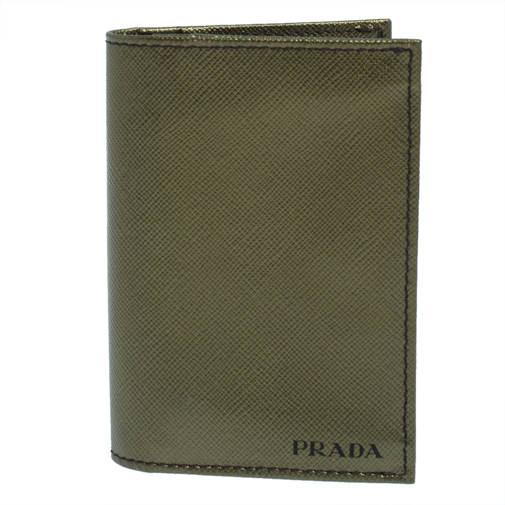 Pre-owned Prada Metallic Green Saffiano Leather Card Holder