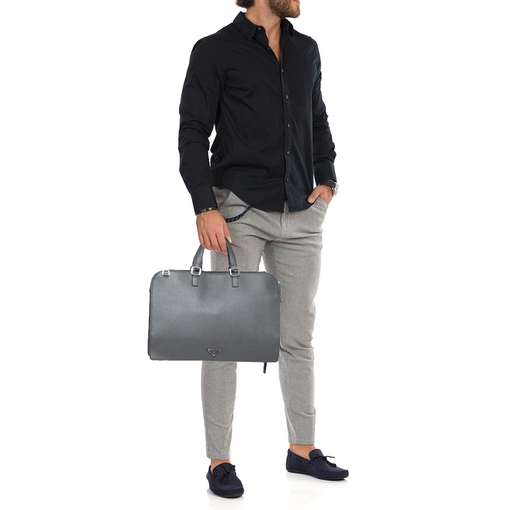 

Prada Grey Saffiano Lux Leather Travel Briefcase